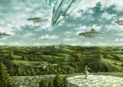Rule 34 | 1girl, cityscape, cloud, crystal, day, floating island, kazami (kuroro), scenery, sky, solo, tree, windmill
