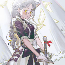 Rule 34 | 1girl, animal ear fluff, animal ears, apron, belt, bird, black bow, black shirt, blouse, blush, bow, cat ears, closed mouth, curtains, earrings, flower, glasses, gloves, hair flower, hair ornament, highres, holding, holding sword, holding weapon, indoors, jewelry, long hair, looking at viewer, maid, maid apron, noco (pixiv14976070), original, red ribbon, ribbon, round eyewear, shirt, short sleeves, silver hair, skirt, solo, sparkle, standing, suspender skirt, suspenders, sword, weapon, white bird, white bow, white flower, white gloves, white skirt, yellow eyes