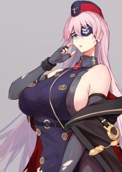 Rule 34 | 1girl, :o, azur lane, black gloves, black jacket, blue eyes, breasts, clothes pull, elbow gloves, eyepatch, finger to face, fingerless gloves, gloves, grey background, hair between eyes, highres, jacket, jacket pull, large breasts, long hair, looking at viewer, marshall k, open mouth, pink hair, scharnhorst (azur lane), sideboob, solo, uniform, upper body