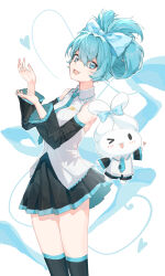 Rule 34 | &gt; o, 1girl, :3, :d, absurdres, aqua eyes, aqua hair, aqua necktie, bare shoulders, black footwear, black skirt, black sleeves, blue bow, boots, bow, cinnamiku, cinnamoroll, collared shirt, cowboy shot, detached sleeves, ear bow, grey shirt, hair between eyes, hair bow, hair rings, hand up, hatsune miku, heart, highres, leaning back, long hair, looking at viewer, looking to the side, mai (vtuber) (artist), miniskirt, necktie, one eye closed, open mouth, pleated skirt, sanrio, shirt, skirt, sleeveless, sleeveless shirt, smile, solo, thigh boots, tied ears, updo, vocaloid, white background