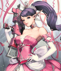 Rule 34 | 1girl, agnes (chaos online), blue eyes, breasts, card (medium), chaos online, choker, elbow gloves, gloves, gun, long hair, love cacao, official art, pointy ears, ponytail, purple hair, solo, weapon