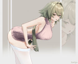 1girl :o alternate_costume arched_back artist_name ass bare_shoulders breasts caesar_king_(zenless_zone_zero) from_side gixtsuki green_hair hair_between_eyes hair_intakes highres long_hair meme_attire prosthesis prosthetic_arm sideboob solo thighhighs thighs virgin_killer_sweater white_thighhighs yellow_eyes zenless_zone_zero zettai_ryouiki zoom_layer