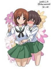 Rule 34 | 10s, 2girls, absurdres, akiyama yukari, black neckerchief, blouse, blush, brown eyes, brown hair, clenched hand, closed mouth, commentary request, cropped legs, dated, floral background, girls und panzer, green skirt, highres, hug, hug from behind, long sleeves, looking at another, looking back, messy hair, miniskirt, multiple girls, neckerchief, nishizumi miho, one-hour drawing challenge, ooarai school uniform, pleated skirt, school uniform, serafuku, shiina excel, shirt, short hair, skirt, smile, standing, tearing up, twitter username, watermark, white background, white shirt