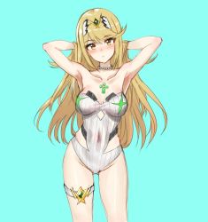 Rule 34 | 1girl, alternate costume, armpits, arms up, athenawyrm, bare shoulders, blonde hair, blush, breasts, cleavage, large breasts, long hair, looking at viewer, mythra (radiant beach) (xenoblade), mythra (xenoblade), nintendo, one-piece swimsuit, simple background, solo, swimsuit, white background, xenoblade chronicles (series), xenoblade chronicles 2, yellow eyes