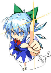 Rule 34 | 1girl, barefoot, beetle, blue eyes, blue hair, blush, bow, bug, cirno, dress, face, foreshortening, hair bow, insect, matching hair/eyes, open mouth, pointing, solo, sparkle, touhou, uro (urotanc), wings