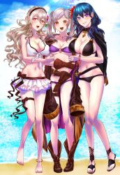 Rule 34 | 3girls, bikini, blue eyes, blue hair, breasts, brown eyes, byleth (female) (fire emblem), byleth (female) (summer) (fire emblem), byleth (fire emblem), cape, cleavage, commentary request, corrin (female) (fire emblem), corrin (female) (summer) (fire emblem), corrin (fire emblem), fire emblem, fire emblem: three houses, fire emblem awakening, fire emblem fates, fire emblem heroes, flower, full body, gem, girl sandwich, hair between eyes, hair flower, hair ornament, heart, highres, large breasts, long hair, looking at viewer, medium hair, multiple girls, nail polish, navel, nintendo, official alternate costume, open mouth, orange eyes, purple eyes, robin (female) (fire emblem), robin (fire emblem), sandwiched, silver hair, smile, super smash bros., swimsuit, twintails, whatthehell042