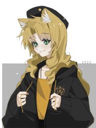 Rule 34 | 1girl, 2022, absurdres, animal ears, arknights, beret, black cardigan, black hat, black jacket, cardigan, drawstring, green eyes, grey background, hat, highres, jacket, lihuashuangxiang, long hair, looking at viewer, nail polish, open cardigan, open clothes, open jacket, orange hair, orange shirt, red nails, shirt, simple background, smile, solo, swire (arknights), tiger ears, tiger girl, two-tone background, upper body, wavy hair, white background