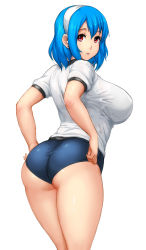 Rule 34 | 1girl, ass, back, blue hair, blush, breasts, buruma, buruma pull, clothes pull, erkaz, female focus, from behind, gym uniform, hairband, highres, large breasts, looking back, original, red eyes, rina atherina, short hair, simple background, solo, underwear, white background