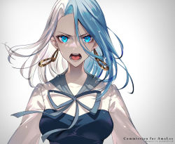 Rule 34 | 1girl, angry, blue eyes, blue hair, blue ribbon, breasts, commission, dangle earrings, earrings, floating hair, gold earrings, indie virtual youtuber, jewelry, long hair, looking at viewer, medium breasts, monarch (amalee), multicolored hair, neck ribbon, open mouth, ribbon, solo, split-color hair, teeth, two-tone hair, upper body, v-shaped eyebrows, virtual youtuber, watermark, white hair, yu pa u