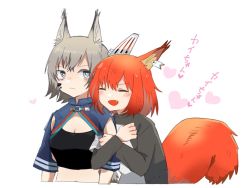 Rule 34 | 2girls, animal ears, arknights, arm hug, ashlock (arknights), ashlock (elite ii) (arknights), black shirt, blue eyes, blush, breasts, cleavage, closed eyes, cropped arms, cropped torso, ear covers, ear tag, fang, flametail (arknights), grey hair, heart, looking at viewer, material growth, multiple girls, open mouth, oripathy lesion (arknights), red hair, shirt, simple background, small breasts, squirrel ears, squirrel girl, squirrel tail, tail, toto (t0t00629), white background, yuri