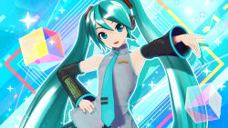 Rule 34 | 1girl, 3d, aqua eyes, aqua hair, aqua nails, aqua necktie, armpits, bare shoulders, beamed eighth notes, black skirt, black sleeves, breasts, collared shirt, detached sleeves, eighth note, eyebrows hidden by hair, female focus, grey shirt, hair between eyes, hand on own hip, hatsune miku, highres, long hair, looking at viewer, miniskirt, multicolored background, musical note, nail polish, necktie, official art, open mouth, outstretched arm, project diva (series), shirt, skirt, sleeveless, sleeveless shirt, small breasts, solo, standing, twintails, upper body, very long hair, vocaloid, wide sleeves