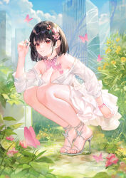 Rule 34 | 1girl, atdan, black hair, blue sky, blush, breasts, bug, building, butterfly, butterfly hair ornament, cloud, cloudy sky, dress, feet, flower, hair ornament, heels, high heels, highres, insect, large breasts, leaf, lily (atdan), original, parted lips, plant, puddle, red eyes, sandals, short hair, skirt, sky, squatting, stiletto heels, strappy heels, toes, water, wet, wet clothes, white dress