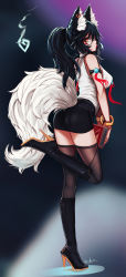 Rule 34 | 1girl, ahri (league of legends), alternate costume, animal ear fluff, animal ears, bare shoulders, black-framed eyewear, black footwear, black hair, black skirt, black thighhighs, book, boots, bracelet, breasts, clothing cutout, commentary, ehrrr, english commentary, facial mark, fox ears, fox girl, fox tail, full body, glasses, high heel boots, high heels, highres, jewelry, knee boots, large breasts, league of legends, long hair, office lady, orange eyes, pencil skirt, ponytail, red lips, shirt, skirt, solo, standing, standing on one leg, tail, tail through clothes, thighhighs, thighhighs under boots, whisker markings, white shirt, zettai ryouiki