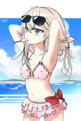 Rule 34 | 1girl, alternate hairstyle, armpits, arms behind head, arms up, bad id, bad pixiv id, bikini, bikini skirt, blue sky, breasts, brown eyes, cloud, cloudy sky, commentary request, dated, day, eyewear on head, food, food in mouth, frilled bikini, frills, girls und panzer, hair down, hair ribbon, hands in hair, highres, horizon, kiroshi, korean commentary, light brown hair, looking to the side, mouth hold, navel, ocean, outdoors, outside border, pink bikini, pink ribbon, popsicle, ribbon, shimada arisu, sky, small breasts, solo, standing, sunglasses, swimsuit, wet