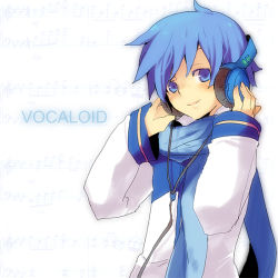 Rule 34 | 1boy, blue eyes, blue hair, blue scarf, headphones, kaito (vocaloid), kl (dgzonbi), male focus, matching hair/eyes, scarf, solo, vocaloid