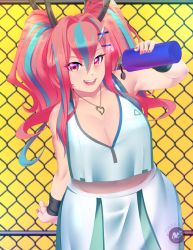 Rule 34 | 1girl, :d, arm behind back, armpits, artist logo, azur lane, bare shoulders, bikini, blue hair, bottle, breasts, bremerton (azur lane), bremerton (scorching-hot training) (azur lane), chain-link fence, cleavage, collarbone, cowboy shot, crop top, crop top overhang, fence, green skirt, groin, hair between eyes, hair intakes, hair ornament, hairclip, head tilt, heart, heart necklace, highres, holding, holding bottle, jewelry, large breasts, leaning forward, long hair, looking at viewer, midriff, multicolored hair, nail polish, navel, necklace, no mole, obakawaii, open mouth, pink eyes, pink hair, pink nails, pouring, pouring onto self, shadow, shirt, sidelocks, skirt, sleeveless, sleeveless shirt, smile, solo, sportswear, standing, streaked hair, swimsuit, teeth, tennis uniform, twintails, two-tone hair, two-tone shirt, two-tone skirt, upper teeth only, water bottle, white shirt, white skirt, wristband, x hair ornament, yellow background