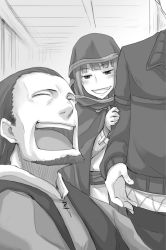 Rule 34 | 1girl, 2boys, :d, ayakura juu, beard, blush, cape, craft lawrence, closed eyes, facial hair, greyscale, grin, holo, hood, hooded, indoors, laughing, monochrome, multiple boys, novel illustration, official art, open mouth, shirt grab, short hair, smile, spice and wolf, standing, ted reynolds, very short hair