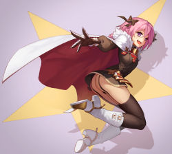 Rule 34 | 1boy, armor, ass, astolfo (fate), black panties, boots, bow, braid, cape, chunrijun (springer), dress, fang, fate/apocrypha, fate/grand order, fate (series), full body, garter straps, gauntlets, gloves, guangfu bao tong meng0-0, hair bow, hair ribbon, highres, long hair, looking at viewer, male focus, open mouth, panties, pantyshot, pink hair, purple eyes, ribbon, shadow, shiny skin, short dress, simple background, single braid, smile, solo, thighhighs, thong, trap, underwear