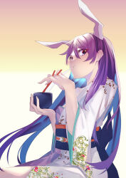 Rule 34 | 1girl, animal ears, bowl, chopsticks, closed mouth, eating, fingernails, floral print, food, gradient background, hair between eyes, highres, holding, holding bowl, holding chopsticks, japanese clothes, kimono, littolebusters, long hair, long sleeves, mochi, obi, print kimono, purple hair, rabbit ears, red eyes, reisen udongein inaba, sash, solo, touhou, white kimono, wide sleeves