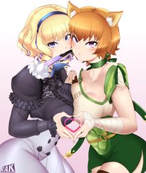 Rule 34 | 2girls, absurdres, animal ears, artist name, blonde hair, blue eyes, blush, breast press, breasts, cat ears, cheek-to-cheek, collarbone, constance von nuvelle, dress, earrings, fan in mouth, fingerless gloves, fire emblem, fire emblem: path of radiance, fire emblem: three houses, garreg mach monastery uniform, gloves, hairband, heads together, heart, heart hands, heart hands duo, highres, holding hands, jewelry, large breasts, lethe (fire emblem), looking at viewer, medium hair, multiple girls, nintendo, orange hair, pink background, purple eyes, purple hair, simple background, strap, sup its rak, thick thighs, thighs, watermark