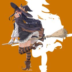 Rule 34 | asashio (kancolle), black cape, black dress, black hair, blue eyes, blush, boots, broom, broom riding, brown footwear, cape, closed mouth, commentary request, dd (ijigendd), dress, frills, gloves, halloween, halloween costume, hat, hat ribbon, head tilt, highres, kantai collection, long hair, looking at viewer, orange background, ribbon, signature, simple background, standing, standing on one leg, striped clothes, striped thighhighs, tail, thighhighs, thighs, white gloves, witch, witch hat