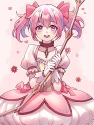 Rule 34 | 1girl, blush, bow (weapon), bubble skirt, choker, collarbone, dot nose, flat chest, floating hair, flower, frilled sleeves, frills, gloves, gradient background, hair between eyes, hair ribbon, hands up, happy, heart, heart background, holding, holding bow (weapon), holding weapon, izumi (2476264), kaname madoka, looking at viewer, mahou shoujo madoka magica, mahou shoujo madoka magica (anime), open mouth, pink background, pink eyes, pink flower, pink hair, pink ribbon, pink theme, puffy short sleeves, puffy sleeves, red choker, red flower, red neckwear, ribbon, shaded face, short sleeves, short twintails, sidelocks, simple background, skirt, solo, soul gem, standing, tareme, teeth, twintails, upper body, upper teeth only, weapon, white background, white gloves, white skirt