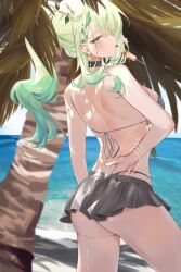 Rule 34 | 1girl, absurdres, antlers, ass, bare shoulders, beach, bracelet, braid, braided bangs, branch, breasts, ceres fauna, choker, flower, food in mouth, green hair, hair flower, hair ornament, highres, hololive, hololive english, horns, jewelry, large breasts, long hair, looking at viewer, mole, mole under eye, multicolored hair, ocean, palm tree, popsicle, popsicle in mouth, skirt, solo, streaked hair, swimsuit, thighs, tree, virtual youtuber, xsilentred, yellow eyes