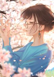 Rule 34 | 1girl, blue shirt, blurry, blurry background, brown eyes, brown hair, cherry blossoms, earrings, flower, glasses, hands up, highres, jewelry, long sleeves, mole, mole under eye, nail polish, original, outdoors, parted lips, pink flower, round eyewear, saitou (lynx-shrike), shirt, short hair, smile, solo, tree