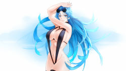 Rule 34 | 1girl, absurdres, alternate costume, arms up, azur lane, black thighhighs, blue background, blue eyes, blue hair, blue nails, breasts, cl (summer sama), cleavage, commentary, commission, cowboy shot, eyewear on head, floating hair, groin, highres, large breasts, light blue hair, lips, long hair, looking at viewer, nail polish, navel, parted bangs, parted lips, pixiv commission, simple background, slingshot swimsuit, smile, solo, sovetskaya belorussiya (azur lane), stomach, sunglasses, swimsuit, thighhighs, thighs, two-tone background, white background