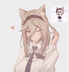Rule 34 | 1girl, 8tartt, absurdres, animal ear fluff, animal ears, aponia (honkai impact), black hairband, black necktie, cat ears, chibi, chibi inset, closed mouth, grey background, hair between eyes, hairband, heart, highres, honkai (series), honkai impact 3rd, long bangs, looking at viewer, medium hair, necktie, one eye closed, reference inset, shirt, simple background, skirt, smile, solo, white shirt