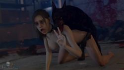Rule 34 | 1girl, 3d, ahegao, animated, artist name, bestiality, blood, blue eyes, breasts, brown hair, claire redfield, collar, darktronick, dog, doggystyle, guro, highres, nipples, nude, on floor, ponytail, resident evil, sex, sex from behind, spiked collar, spikes, tongue, tongue out, v, video