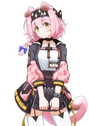 Rule 34 | 1girl, animal ears, arknights, black bow, black collar, black hairband, black skirt, blue bow, bow, bracelet, braid, breasts, cat ears, cat girl, cat tail, collar, commentary request, contrapposto, garter straps, goldenglow (arknights), grey jacket, hair between eyes, hair bow, hair ornament, hairband, hairclip, head tilt, high-waist skirt, id card, jacket, jewelry, lightning bolt print, long hair, looking at viewer, medium breasts, miniskirt, multicolored clothes, multicolored jacket, open clothes, open jacket, pink hair, pink jacket, pleated skirt, pocket, print bow, print hairband, puffy sleeves, shirt, side braid, simple background, single braid, skirt, sleeves past elbows, solo, tail, thighhighs, twitter username, wavy mouth, white background, white shirt, white thighhighs, yellow eyes, youdie
