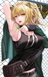 Rule 34 | 1girl, animal ears, arknights, arm up, armpits, bag, belt, black belt, black tank top, blonde hair, breasts, brz, candy, chain-link fence, cleavage, commentary, fence, food, green jacket, hair between eyes, highres, holding, holding food, jacket, large breasts, lion ears, lollipop, long hair, long sleeves, looking at viewer, midriff peek, official alternate costume, open mouth, presenting armpit, siege (arknights), siege (legacy) (arknights), solo, tank top, tongue, tongue out, upper body, white background, yellow eyes