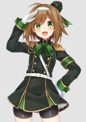 Rule 34 | 1girl, :d, arm up, bike shorts, black dress, black shorts, blush, bow, brown hair, commentary request, cowboy shot, dress, epaulettes, fang, garrison cap, gloves, green bow, green eyes, green hat, grey background, hair between eyes, hat, headband, komori kuzuyu, long sleeves, looking at viewer, military, military hat, military uniform, mini hat, open mouth, original, pleated dress, salute, short shorts, shorts, sidelocks, simple background, smile, solo, uniform, white gloves