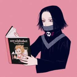 Rule 34 | 1boy, asian, bella scottland, black eyes, black hair, book, covered mouth, feitan portor, holding, holding book, hunter x hunter, long sleeves, male focus, open book, pale skin, parody request, parted bangs, pink background, reading, shirt, short hair, solo, upper body, wide-eyed