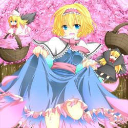Rule 34 | 1girl, :&lt;, alice margatroid, basket, blonde hair, blue dress, blue eyes, bow, capelet, character doll, cherry blossoms, clothes lift, cosplay, doll, dress, dress lift, dual persona, female focus, h-arukiti, hairband, hat, hourai doll, jitome, lily black, lily black (cosplay), lily white, lily white (cosplay), long hair, long sleeves, open mouth, petals, puppet strings, sash, shanghai doll, shirt, short hair, skirt, skirt set, smile, solo, standing, standing on one leg, string, touhou, tree, wings
