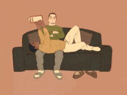 Rule 34 | 2boys, arms up, black eyes, black hair, book, brown background, brown hair, chengongzi123, closed mouth, couch, crossed arms, facial hair, full body, goatee stubble, golden kamuy, green shirt, grey pants, highres, holding, holding book, knee up, koito otonoshin, long sleeves, looking at viewer, lying, male focus, monkey print, multiple boys, on back, on couch, on lap, outstretched arms, pants, pillow, reading, shirt, shoes, short hair, simple background, sitting, slippers, socks, stubble, tsukishima hajime, unworn shoes, very short hair, yellow shirt