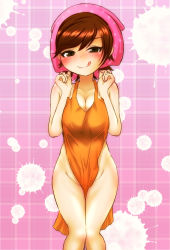 Rule 34 | 1girl, apron, artist request, bandana, blush, breasts, breasts squeezed together, brown eyes, brown hair, cleavage, collarbone, cooking mama, eyebrows, eyelashes, feet out of frame, female focus, groin, hands up, highres, large breasts, legs together, licking lips, looking at viewer, mama (cooking mama), matching hair/eyes, medium breasts, naked apron, naughty face, pink background, pink headwear, plaid, plaid background, short hair, smile, solo, standing, thighs, tongue, tongue out