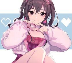 Rule 34 | 1girl, blue background, blush, bow, brown eyes, brown hair, choker, closed mouth, collarbone, dress, earrings, finger heart, fur-trimmed jacket, fur trim, grid background, hair between eyes, hair bow, heart, heart background, highres, idolmaster, idolmaster cinderella girls, idolmaster cinderella girls starlight stage, jacket, jewelry, long hair, long sleeves, looking at viewer, mole, mole under eye, open clothes, open jacket, pixelated, plaid, plaid dress, red dress, red nails, solo, sunazuka akira, twintails, umeneko, white choker, white jacket, zipper, zipper pull tab