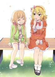 Rule 34 | 2girls, :o, bench, bike shorts, blonde hair, bobby socks, bow, bowtie, clothes writing, dress, frilled dress, frilled sleeves, frills, full body, futaba anzu, green eyes, hair bow, hair ornament, hair scrunchie, hairband, hand to own mouth, hood, hoodie, idolmaster, idolmaster cinderella girls, loafers, long hair, looking at another, low twintails, mary janes, mattaku mousuke, multiple girls, open clothes, open hoodie, petals, red bow, red dress, sakurai momoka, scrunchie, shirt, shoes, short hair, sitting, smile, socks, striped bike shorts, striped clothes, t-shirt, teeth, twintails, wavy hair, you work you lose