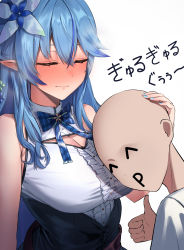 Rule 34 | 1boy, 1girl, blue bow, blue bowtie, blue hair, blue nails, blush, bow, bowtie, breast pillow, center frills, closed eyes, corset, faceless, faceless male, flower, frilled shirt collar, frills, full-face blush, hair between eyes, hair flower, hair ornament, half updo, hand on another&#039;s head, highres, hololive, long hair, multicolored hair, nail polish, pointy ears, pyytato, shirt, simple background, sleeveless, sleeveless shirt, streaked hair, thumbs up, translated, virtual youtuber, white background, white flower, white shirt, yukihana lamy