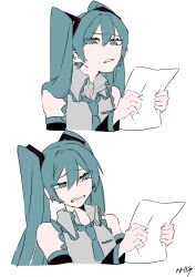 Rule 34 | 1girl, 2koma, aqua eyes, aqua hair, aqua necktie, bare shoulders, black sleeves, clenched hands, clenched teeth, comic, commentary, detached sleeves, eiku, furrowed brow, grey shirt, hair ornament, hatsune miku, highres, holding, holding paper, leaning back, light frown, long hair, meme, necktie, paper, reading, shirt, signature, simple background, sleeveless, sleeveless shirt, squinting, teeth, twintails, upper body, vocaloid, white background, winnie the pooh reading (meme)