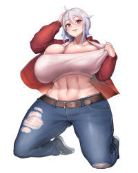 Rule 34 | 1girl, abs, ahoge, belt, blush, breasts, cleavage, clothes pull, curvy, denim, full body, hair between eyes, huge breasts, jacket, jeans, kneeling, looking at viewer, midriff, mole, navel, open mouth, original, pants, red eyes, red jacket, ripped jeans, shirt, shirt pull, shoes, short hair, silver hair, smile, sneakers, solo, thick thighs, thighs, torn clothes, torn jeans, torn pants, vella (debaucheryninja), white background, white shirt, wide hips, yana (nekoarashi)