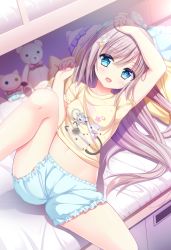 Rule 34 | 1girl, :d, arm up, bloomers, blue bloomers, blue eyes, blush, breasts, brown hair, commentary request, covered erect nipples, feet out of frame, hair between eyes, hair ornament, hairclip, highres, long hair, looking at viewer, lying, navel, official art, on back, open mouth, original, pillow, rabbit hair ornament, shirt, shiwasu horio, short sleeves, small breasts, smile, solo, spread legs, star (symbol), star hair ornament, stuffed animal, stuffed cat, stuffed toy, teddy bear, underwear, very long hair, yellow shirt