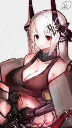 Rule 34 | 1girl, absurdres, arknights, black bra, black gloves, blush, bra, breasts, cleavage, coat, collarbone, commentary, demon horns, gloves, grey background, hair between eyes, hair ornament, hammer, highres, holding, holding hammer, horns, infection monitor (arknights), large breasts, long hair, looking at viewer, material growth, milo1205, mudrock (arknights), mudrock (elite ii) (arknights), off shoulder, open clothes, open coat, oripathy lesion (arknights), parted lips, red eyes, signature, silver hair, simple background, sledgehammer, solo, sports bra, underwear, upper body, white coat