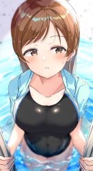 Rule 34 | 1girl, absurdres, black one-piece swimsuit, blue jacket, blurry, blush, breasts, brown eyes, brown hair, collarbone, competition swimsuit, depth of field, highres, idolmaster, idolmaster cinderella girls, jacket, large breasts, long hair, nitta minami, one-piece swimsuit, open clothes, open jacket, pool, pool ladder, shiitake taishi, solo, straight hair, swimsuit, water