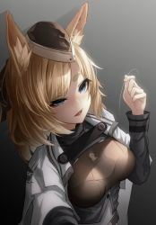 Rule 34 | 1girl, animal ears, arknights, black background, black hat, black ribbon, blonde hair, blue eyes, breasts, cape, commentary request, gradient background, grey background, hair between eyes, hair ribbon, hat, highres, holding, holding hair, horse girl, kingdom of kazimierz logo, kureneko, long hair, medium breasts, mini hat, open mouth, ribbon, simple background, solo, upper body, whislash (arknights), white cape, yandere