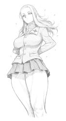 Rule 34 | 10s, 1girl, :&lt;, arms behind back, buttons, clara (girls und panzer), collar, dairoku tenma, emblem, expressionless, floating hair, from below, girls und panzer, greyscale, long hair, long sleeves, looking at viewer, military, military uniform, miniskirt, monochrome, pocket, school uniform, simple background, skirt, solo, standing, thighs, turtleneck, uniform, whi