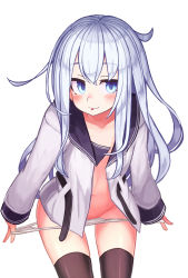 Rule 34 | 1girl, bad id, bad twitter id, black thighhighs, blue eyes, blush, hibiki (kancolle), highres, jacket, kantai collection, long hair, long sleeves, open clothes, panties, panty pull, reitou mikan, silver hair, simple background, solo, thighhighs, tongue, underwear, undressing, verniy (kancolle), white background, white jacket, white panties