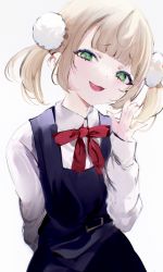 Rule 34 | 1girl, :d, absurdres, blonde hair, blue dress, blush, collared shirt, dress, green eyes, hand up, highres, indie virtual youtuber, long sleeves, looking at viewer, makeup, mascara, mile (off8mile), neck ribbon, open mouth, pinafore dress, red ribbon, ribbon, shigure ui (vtuber), shigure ui (vtuber) (young), shirt, simple background, sleeveless, sleeveless dress, smile, smug, solo, twintails, virtual youtuber, waving, white background, white shirt, wing collar